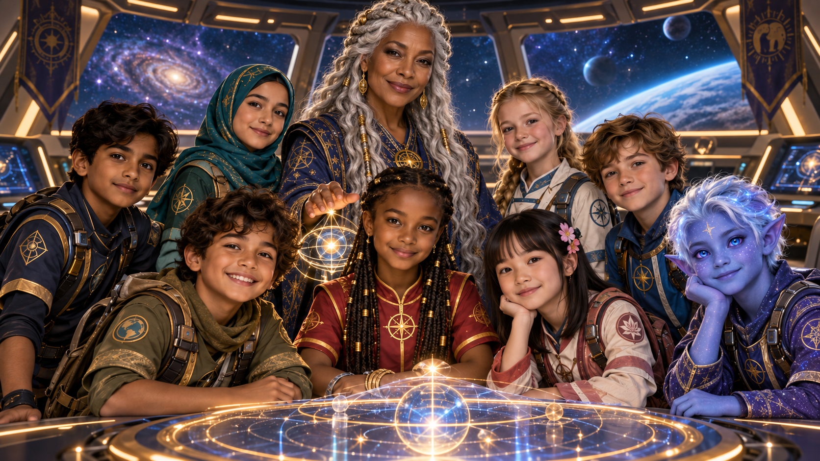 Njata, Poco, Yuki, Kavi, Yara, Anya, Finn, alien boy Lumi and their ageless guide Inona aboard IAN