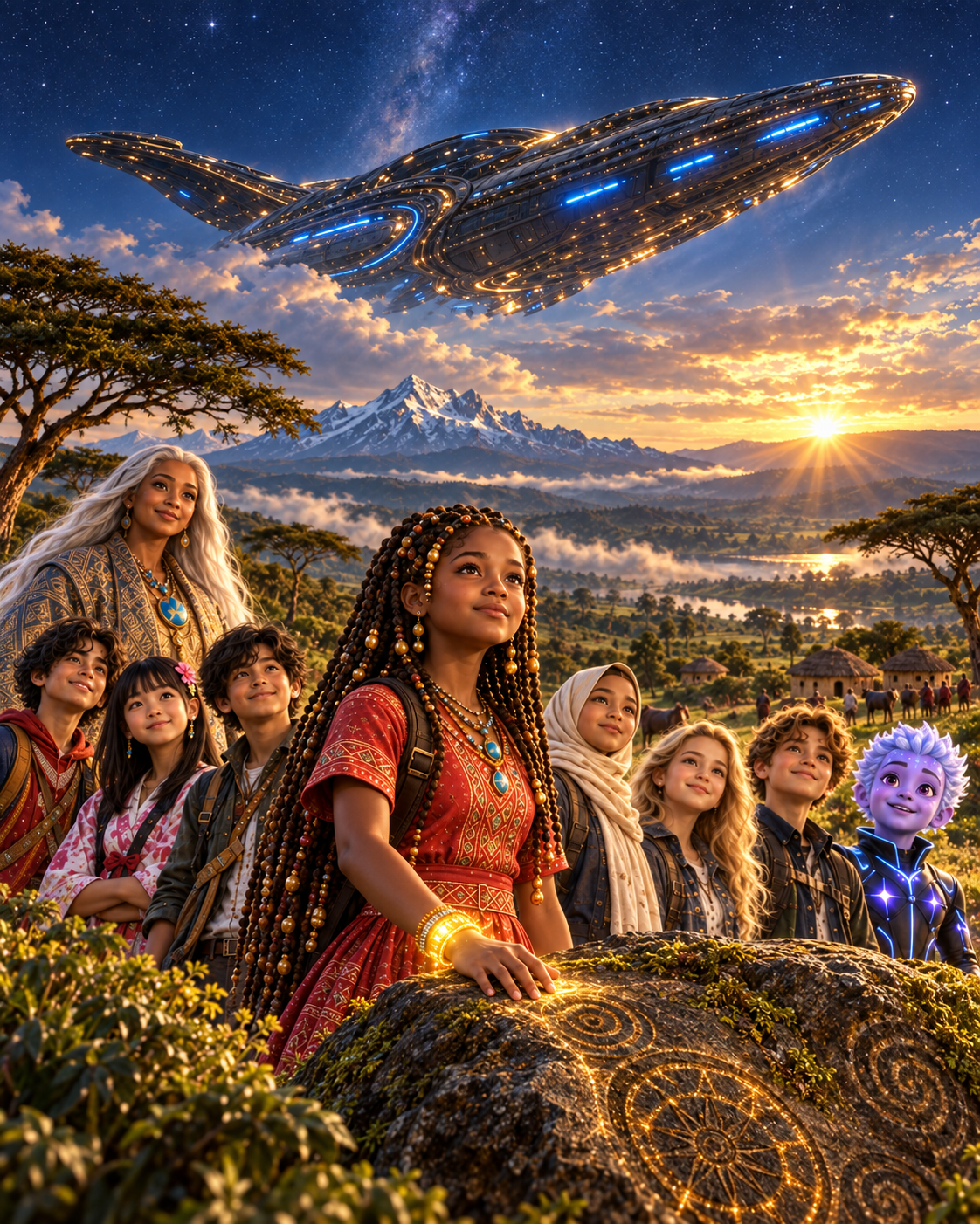 Njata and her companions entering a vast, luminous world